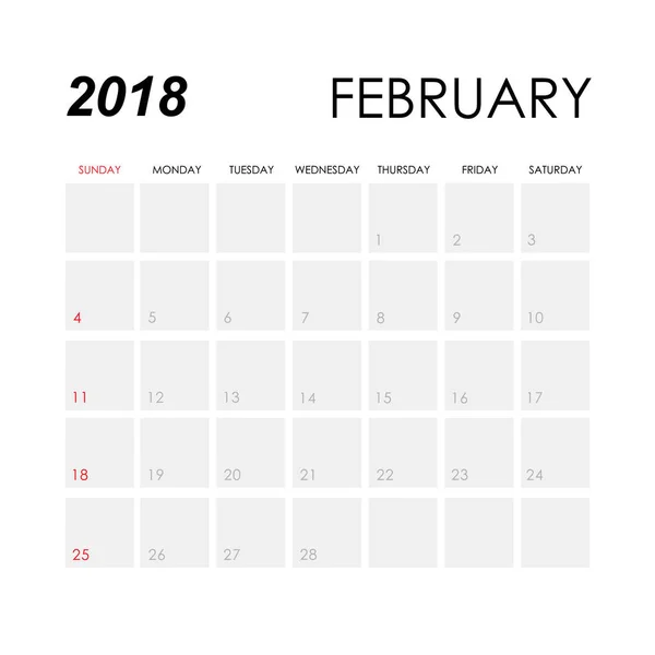 Modèle de calendrier pour février 2018 — Image vectorielle