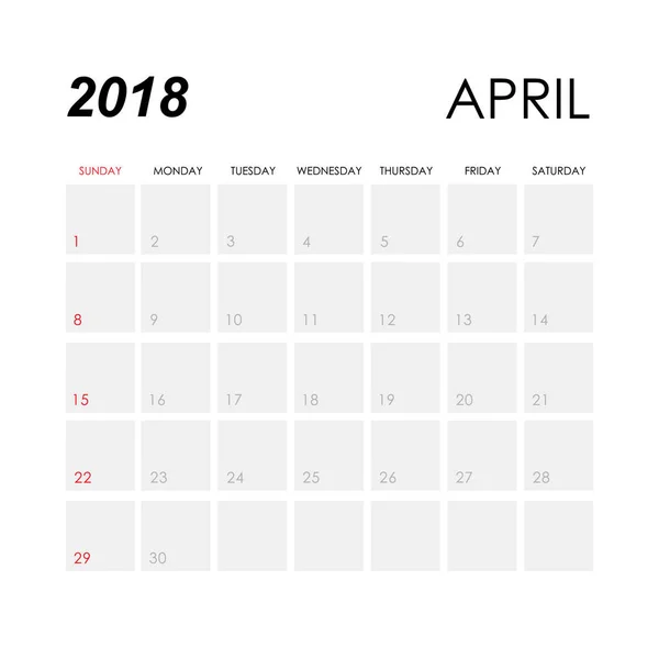 Πρότυπο του ημερολογίου για Απρίλιο του 2018 — Διανυσματικό Αρχείο
