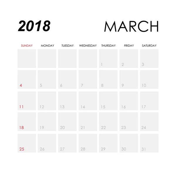 Modèle de calendrier pour mars 2018 — Image vectorielle