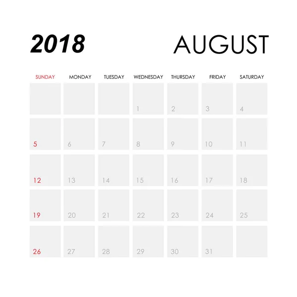 Plantilla de calendario para agosto de 2018 — Vector de stock