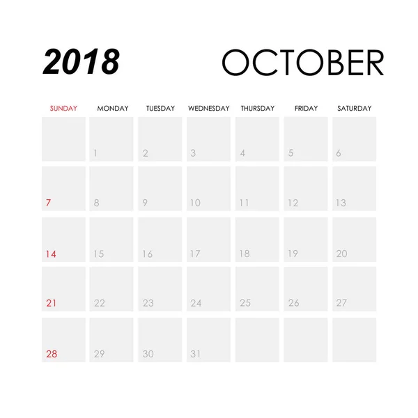 Modelo de calendário para outubro de 2018 —  Vetores de Stock