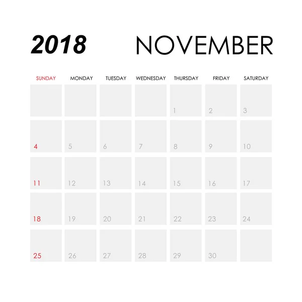 Szablon kalendarza dla listopada 2018 r. — Wektor stockowy