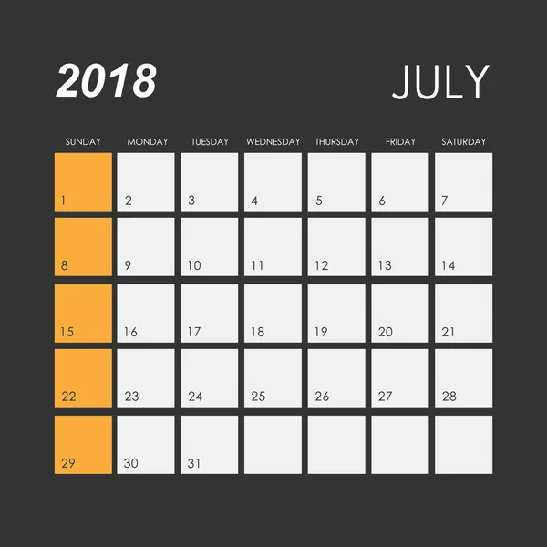 Calendário de julho de 2018 — Vetor de Stock