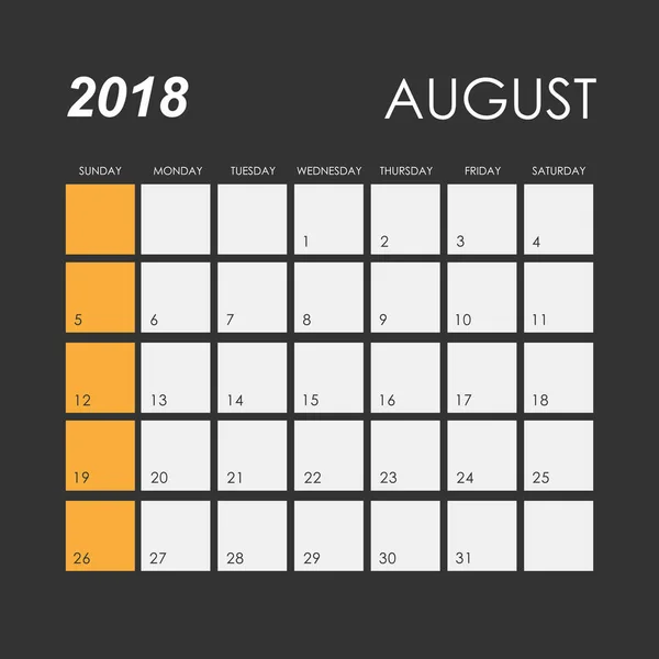 Calendário de agosto de 2018 — Vetor de Stock