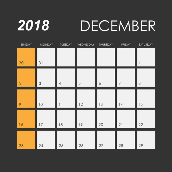 Calendário de dezembro de 2018 —  Vetores de Stock