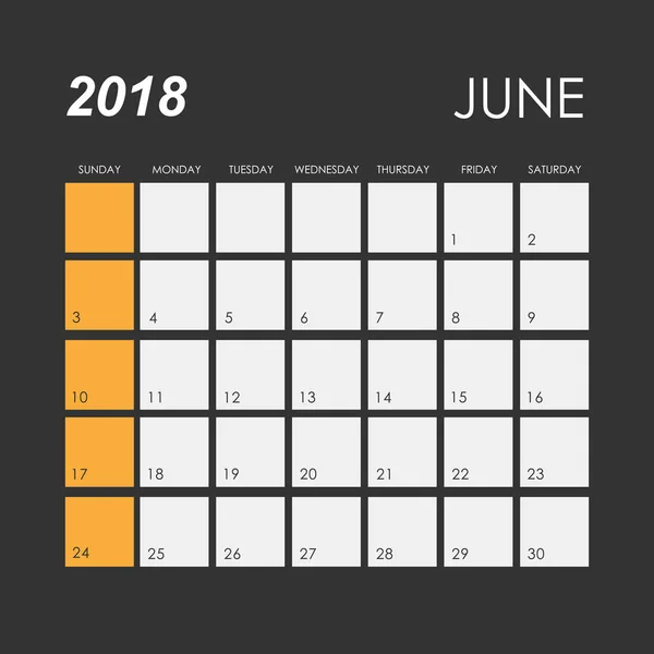 Calendário de junho de 2018 —  Vetores de Stock
