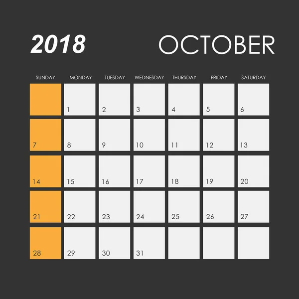 Kalendář říjen 2018 — Stockový vektor