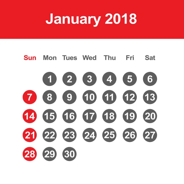 Calendário de janeiro de 2018 —  Vetores de Stock