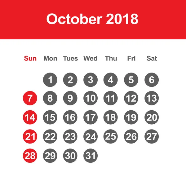 Kalendarz z października 2018 r. — Wektor stockowy
