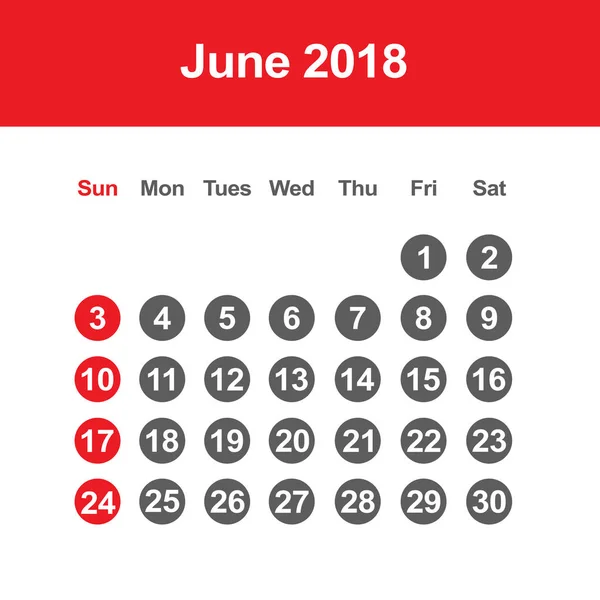 Kalendarz z czerwca 2018 r. — Wektor stockowy