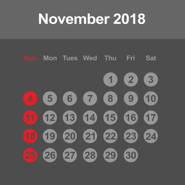 Calendrier de novembre 2018 — Image vectorielle
