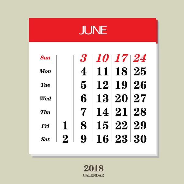 Calendario de junio de 2018 — Vector de stock