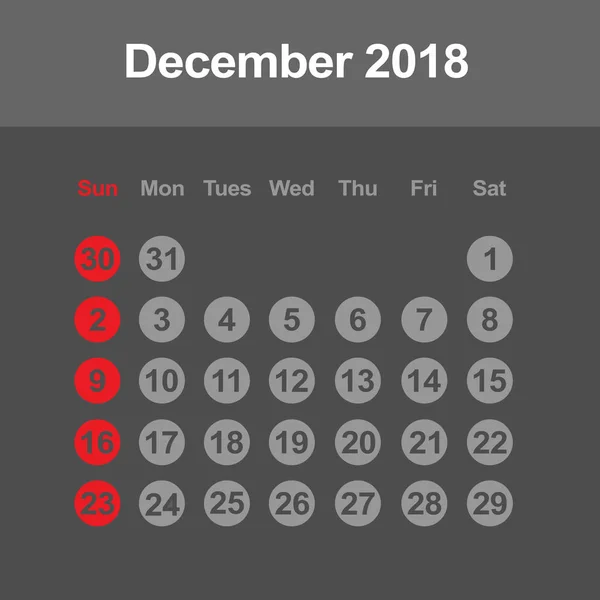 Calendrier de décembre 2018 — Image vectorielle