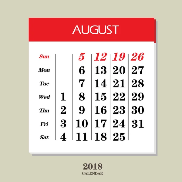 Calendario de agosto de 2018 — Vector de stock