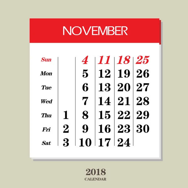 Календар листопада 2018 року — стоковий вектор
