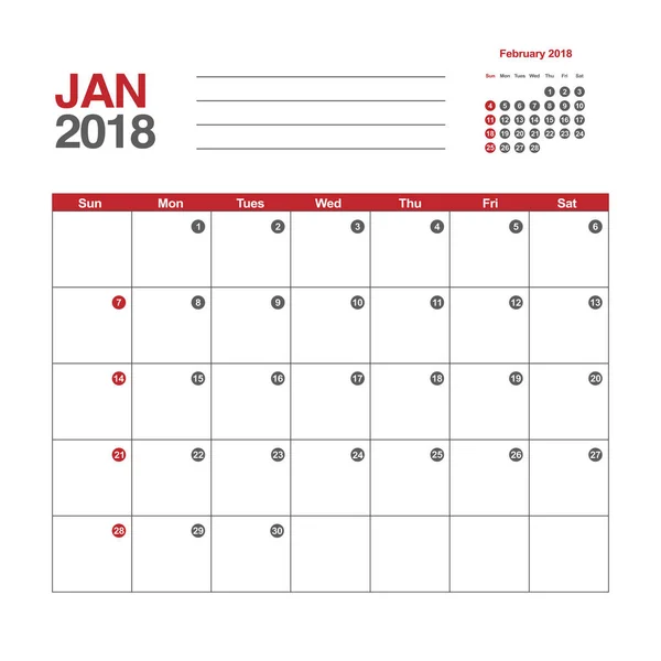 Ημερολόγιο Ιανουαρίου 2018 — Διανυσματικό Αρχείο
