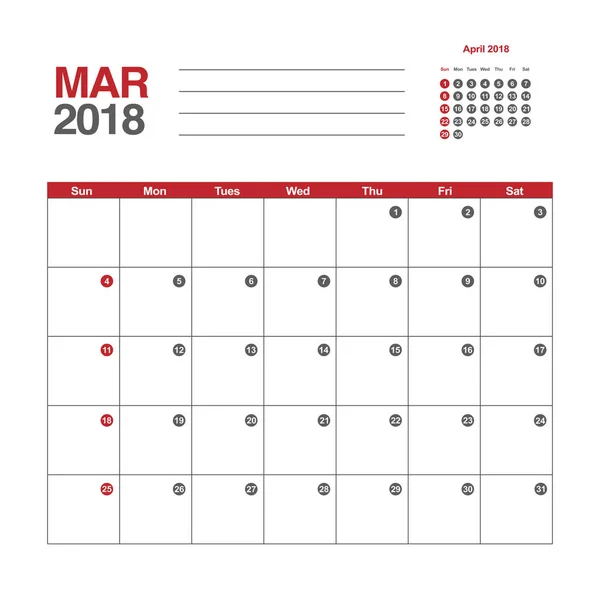 Ημερολόγιο Μαρτίου 2018 — Διανυσματικό Αρχείο
