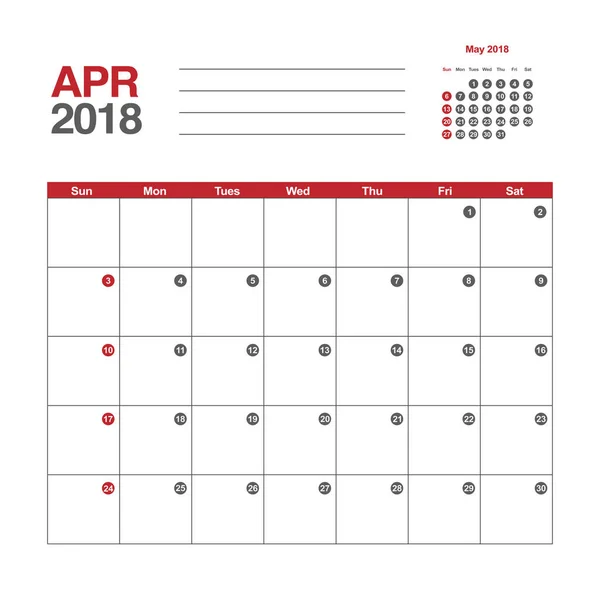Ημερολόγιο Απριλίου 2018 — Διανυσματικό Αρχείο