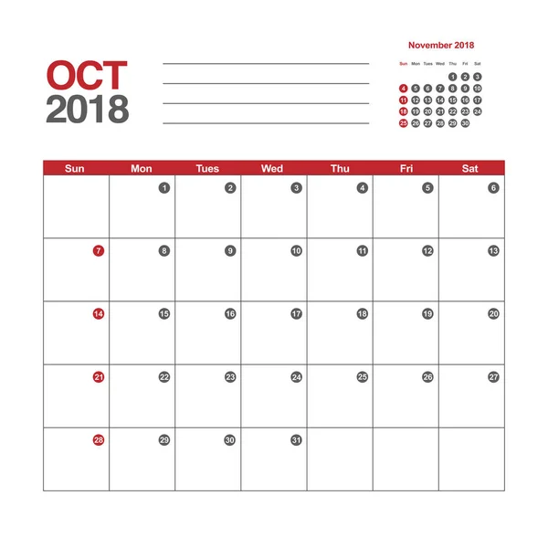 Ημερολόγιο Οκτωβρίου 2018 — Διανυσματικό Αρχείο