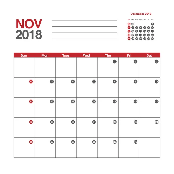 Kalendář listopad 2018 — Stockový vektor