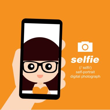 Selfie çeken sevimli çizgi film karakteri.