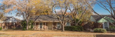 Dallas 'ın banliyölerinde tek katlı panoramik bungalov evleri. Parlak sonbahar yeşillikleri var.