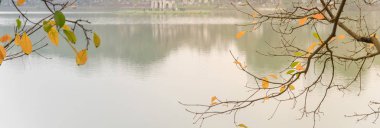 Hoan Kiem Gölü 'ndeki panoramik manzara Hanoi' deki parlak tatlı su mangrov yapraklarıyla