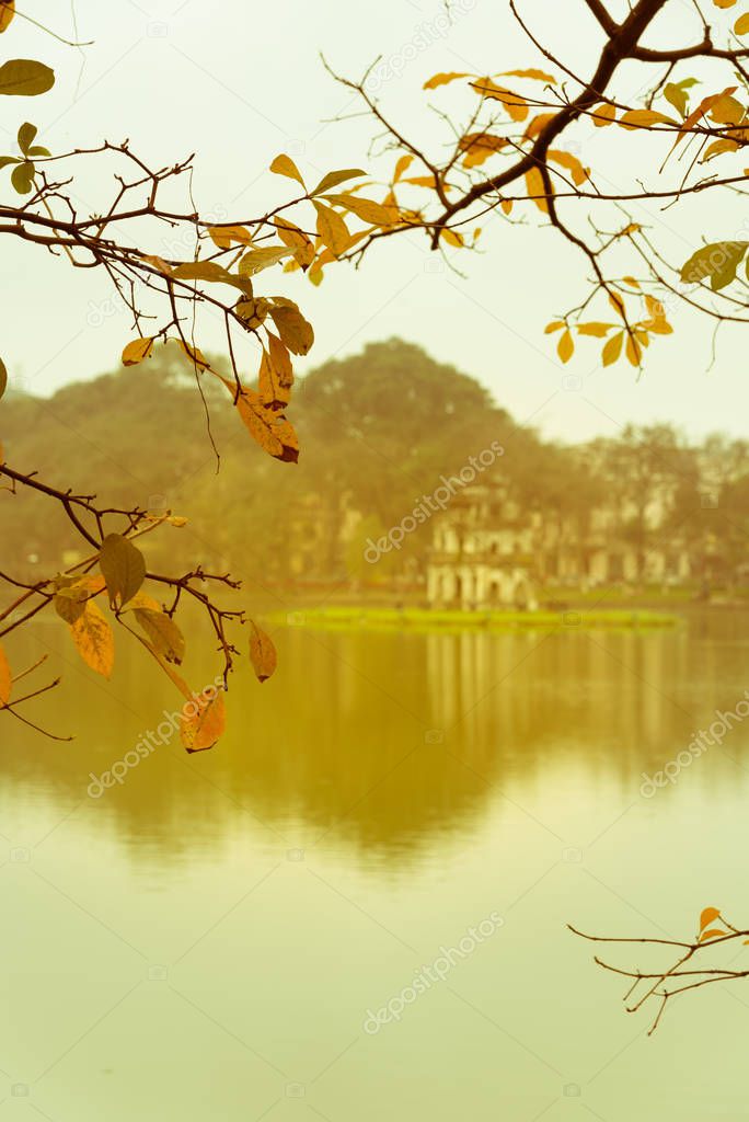 Filtered image yellow leaves of freshwater mangrove and Tortoise Tower at Hoan Kiem Lake, Hanoi