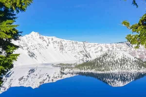 Groene dennenboom weelderig en reflectie van snowcap berg met Wizard Island op Crater Lake — Stockfoto