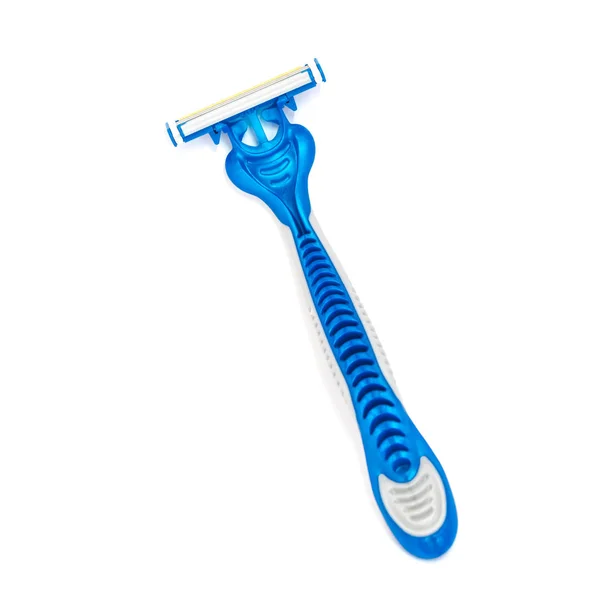 Close-up single disposable razor with blade isolated on white background. Blue plastic razor with clipping path and copy space