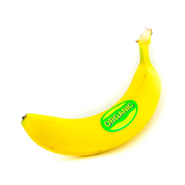 Single Banana Isolated White Background One Fresh Banana Organic Label — 스톡 사진