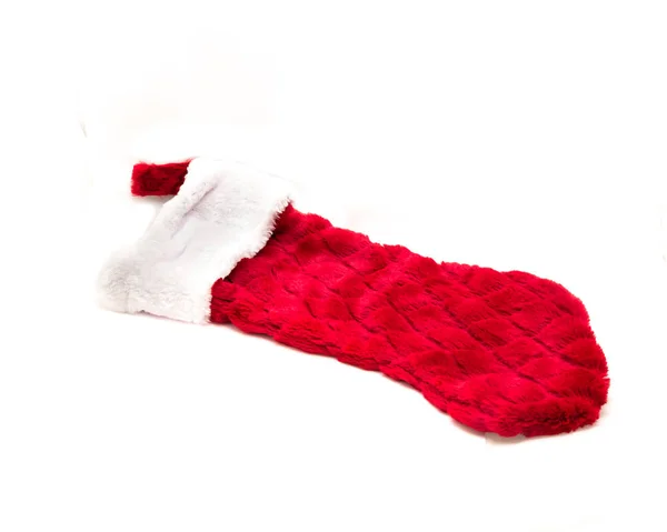 Red Christmas Sock Isolated White Background Knit Santa Belt Fur — Stock Photo, Image