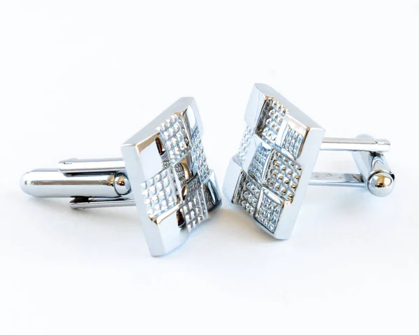 Close Single Pair Modern Stainless Steel Cufflinks Isolated White Background — 图库照片