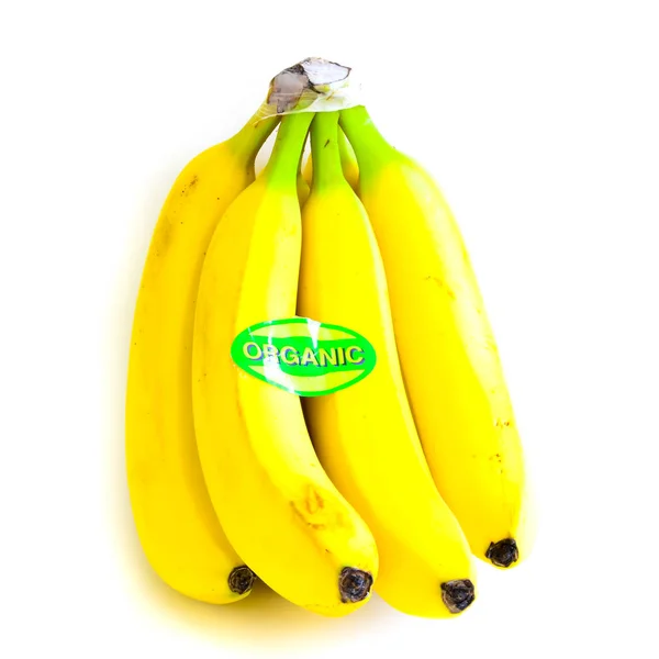 Крупный План Ярко Желтый Банановый Кластер Изолирован Белом Фоне Куча — стоковое фото
