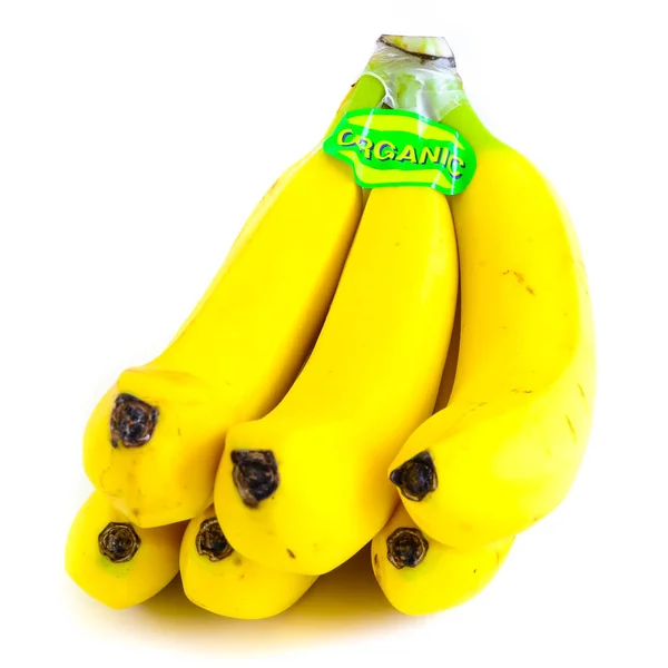 Close Bright Yellow Banana Cluster Isolated White Background Bunch Fresh — 스톡 사진