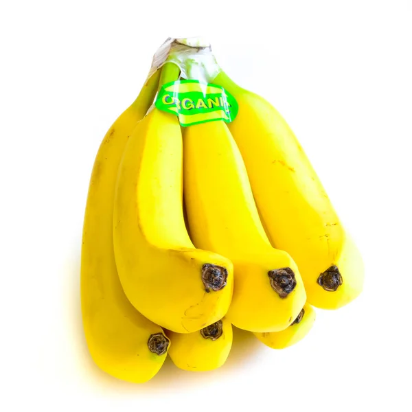 Close Bright Yellow Banana Cluster Isolated White Background Bunch Fresh — 스톡 사진