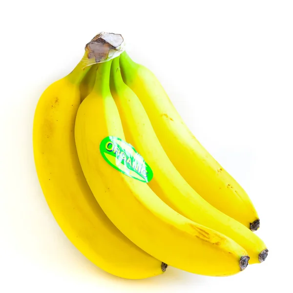 Primer Plano Racimo Plátanos Color Amarillo Brillante Aislado Sobre Fondo — Foto de Stock