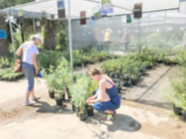 在美国得克萨斯州达拉斯的植物销售活动上 运动模糊了顾客购买各种庭院植物 花园与绿色的房子显示和旅游 — 图库照片