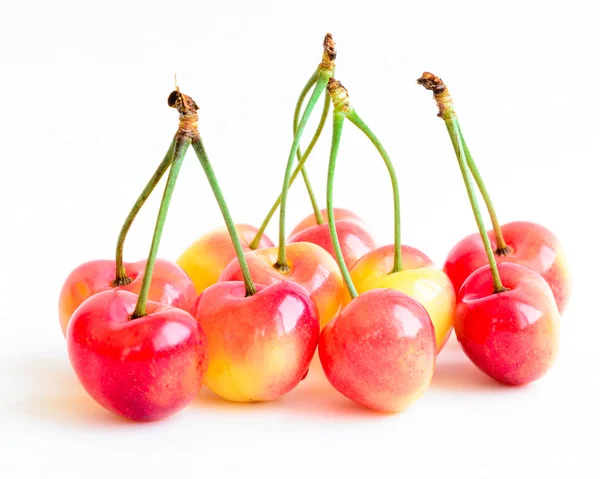 Grupo Cerezas Rainer Unidas Con Tallo Aislado Sobre Fondo Blanco — Foto de Stock