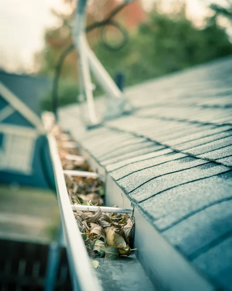 Blocked Gutter Roof Shingles Satellite Dish Background Clogged Drain Pipe — Stock Photo, Image