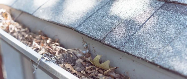Dachschindeln Eines Wohnhauses Voller Getrocknetem Laub Und Dreckigem Reinigungsbedarf Dachrinnenreinigung — Stockfoto