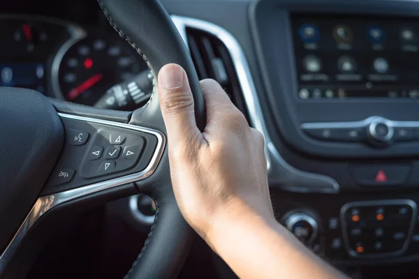 Close Asian Male Hand Holding Modern Car Steering Wheel Audio — Stock Photo, Image