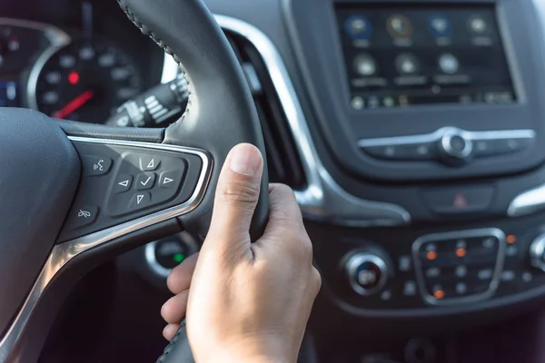 Close Asian Male Hand Holding Modern Car Steering Wheel Audio — Stock Photo, Image