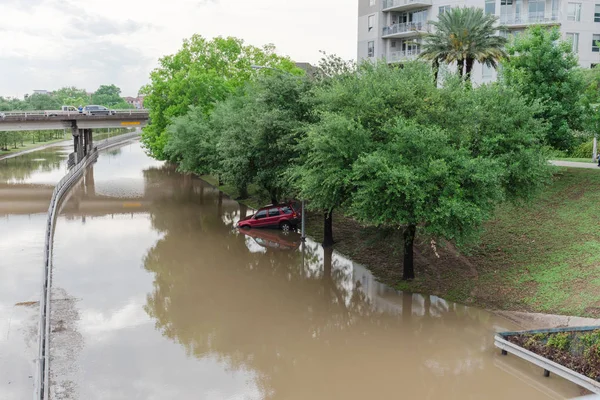 Carro Inundado Por Água Inundação Perto Centro Houston Texas Eua — Fotografia de Stock