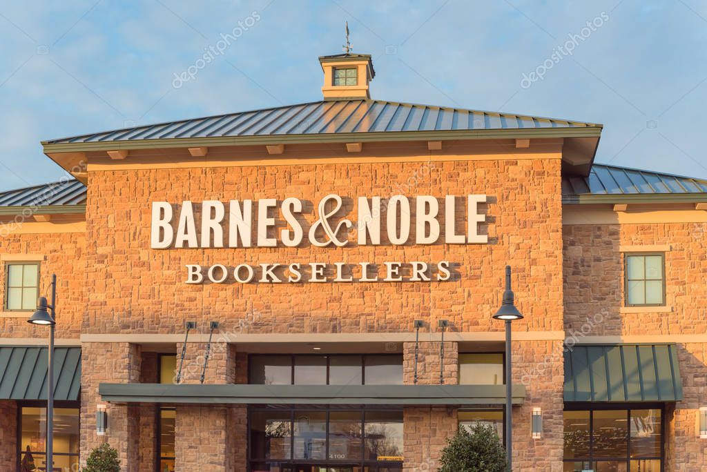 FLOWER MOUND, TX, US-DEC 5, 2019: Close-up view entrance to Barnes Noble retail store at sunset. An American bookseller, Fortune 1000 company with the largest number of retail outlets in US