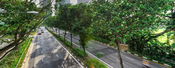 Panoramic top view green highway in Singapore with sidewalk and skyscrapers in background — ストック写真