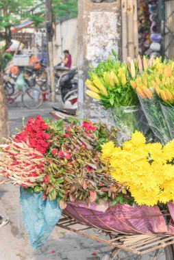 Kasımpatı, gül ve su zambağı Hanoi 'deki bisiklet sokağı satıcısına yerleştirildi.