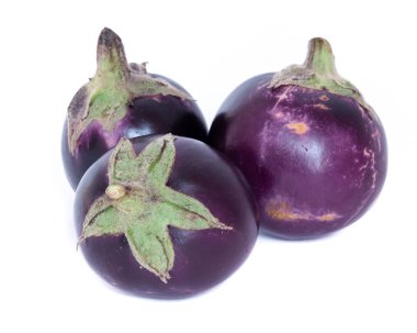 Studio shot of three organic violet round Thai eggplant isolated on white