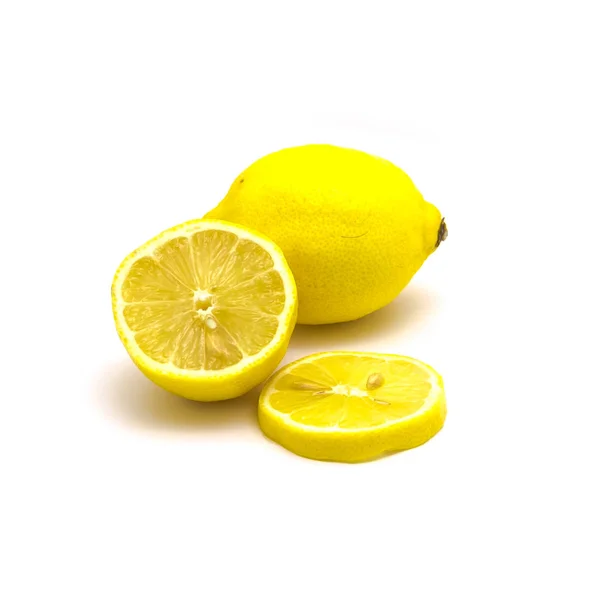 Studio shot one lemon with fresh slice cuts isolated on white — Stockfoto