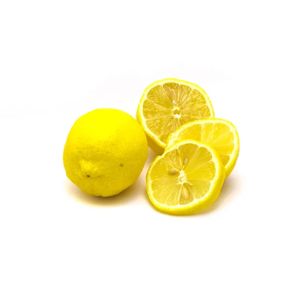 Studio shot one lemon with fresh slice cuts isolated on white — Stockfoto